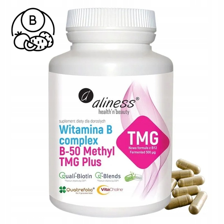 Aliness Witamina B Complex B-50 METHYL TMG PLUS STRES PAMIĘĆ vege 100 kaps