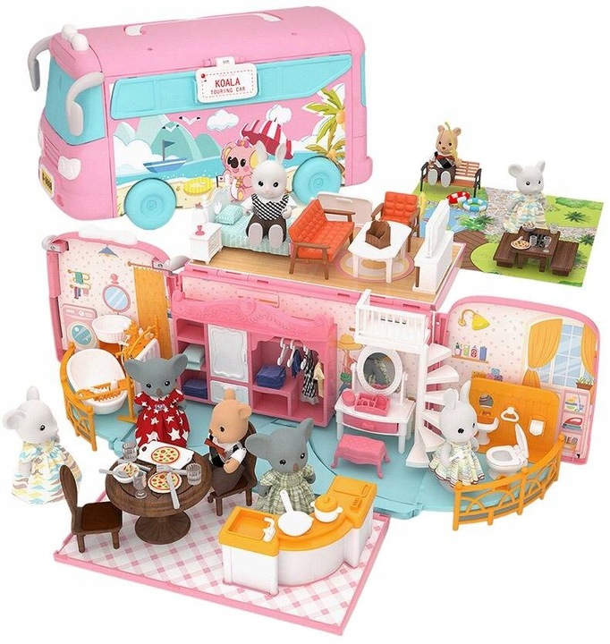 DUŻE AUTO dla LALEK AUTOBUS KAMPER WAKACYJNY rozkładany otwierany DOMEK