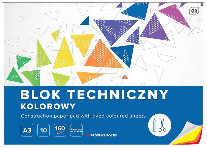 BLOK TECHNICZNY KOLOROWY A3 10 ARKUSZY, 160G, INTENSYWNE KOLORY, INTERDRUK