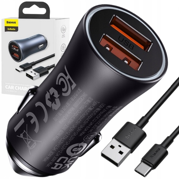 BASEUS SZYBKA ŁADOWARKA SAMOCHODOWA DO TELEFONU 40W 5A USB QC 4.0 KABEL