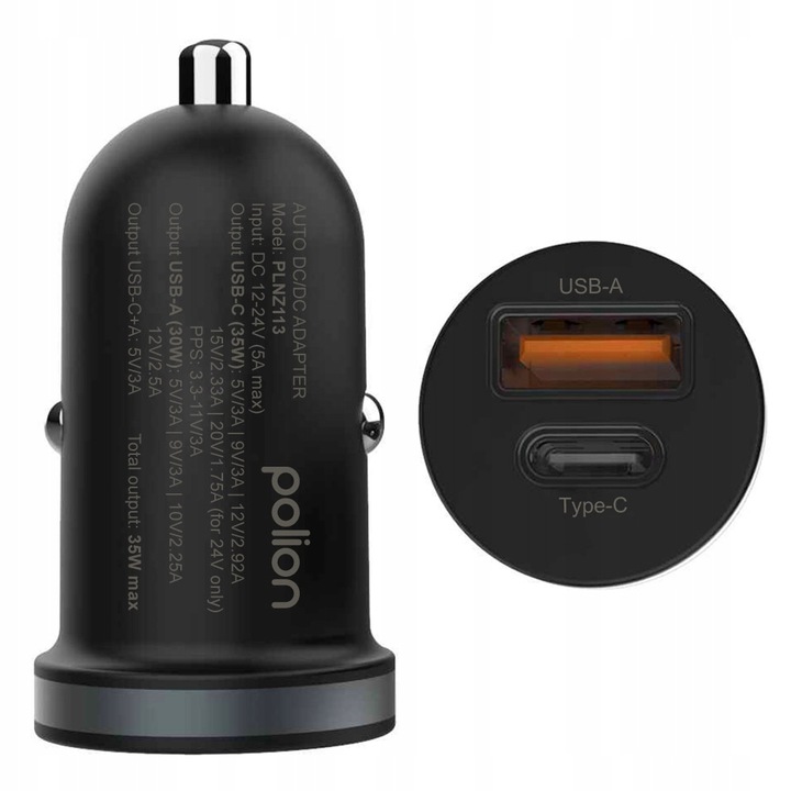 Szybka ładowarka samochodowa POLION USB-A USB-C 35W QC3.0 PD 3A Lightning