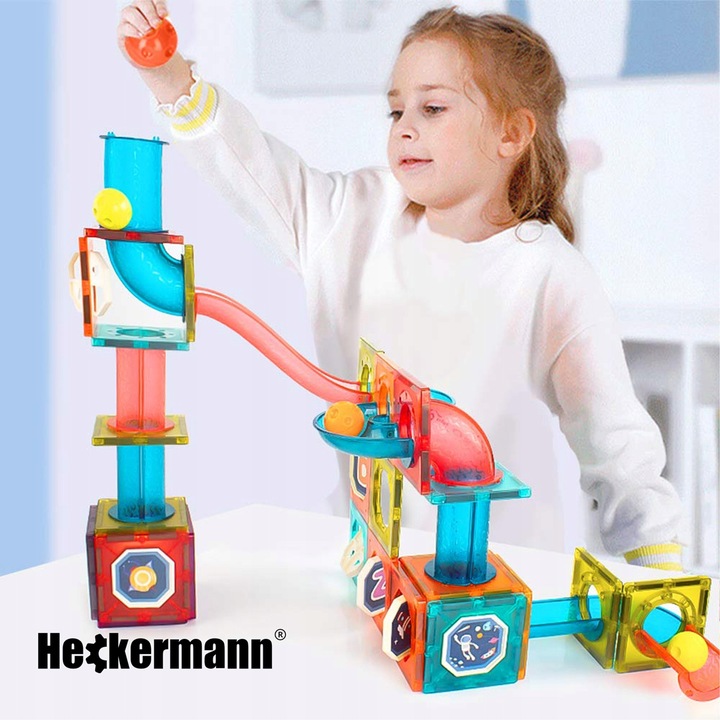 KLOCKI MAGNETYCZNE EDUKACYJNE DUŻE PŁYTKI TOR KULKOWY ZESTAW 76 ELEMENTÓW