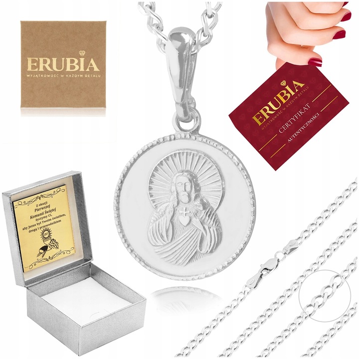 SREBRNY ŁAŃCUSZEK KOMUNIJNY PR. 925 MEDALIK SZKAPLERZ NA KOMUNIĘ + GRAWER