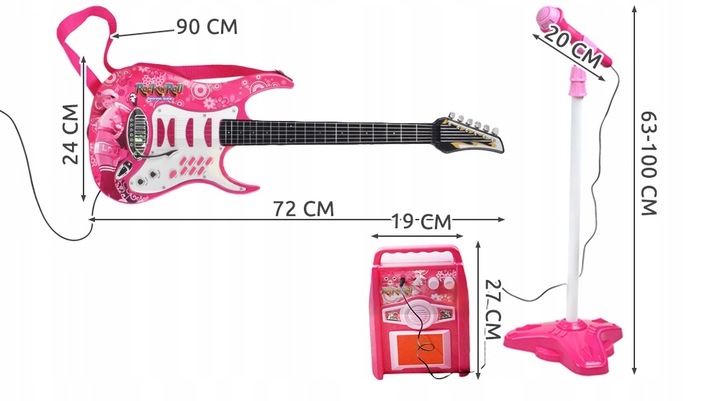 DUŻA GITARA ELEKTRYCZNA DLA DZIECI MIKROFON piecyk STATYW WZMACNIACZ RÓŻOWA