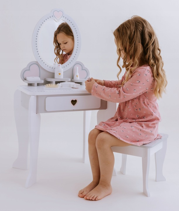 Drewniana toaletka dla dziewczynki z krzesełkiem lustro akcesoria szuflada
