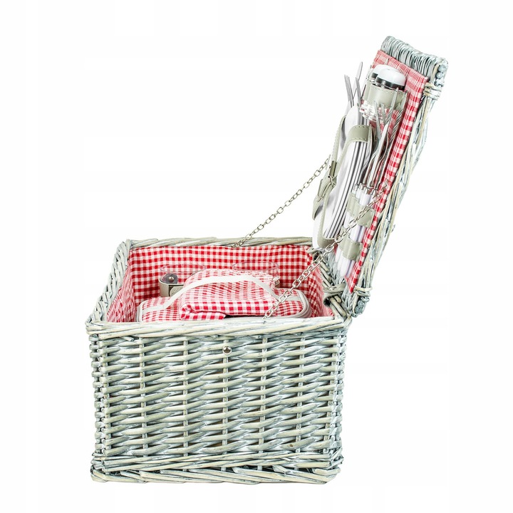 Duży kosz piknikowy z zestawem sztućców talerzy dla 4 osób biała wiklina