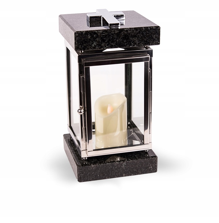 Lampion znicz nagrobny na pomnik srebrny stal nierdzewna + czarny granit