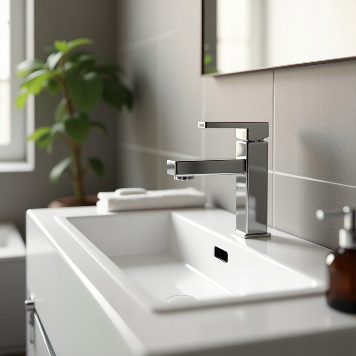 BATERIA ŁAZIENKOWA UMYWALKOWA STOJĄCA KRAN NABLATOWY DO UMYWALKI CUBE CHROM