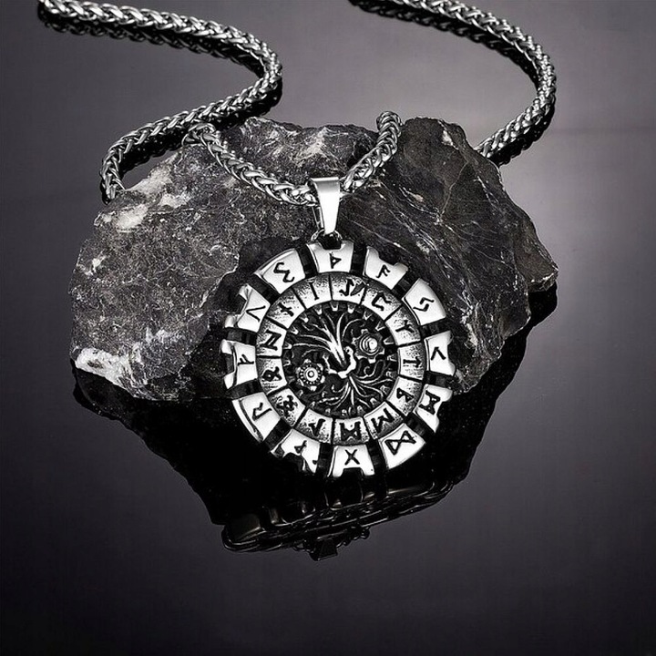 Okrągła Zawieszka Wikingów Runy Nordyckie Stal Chirurgiczna