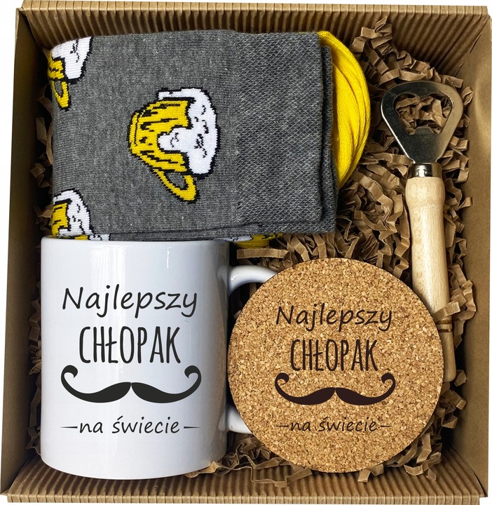 ZESTAW DLA CHŁOPAKA NIEGO KUBEK OTWIERACZ PREZENT NA WALENTYNKI W PUDEŁKU