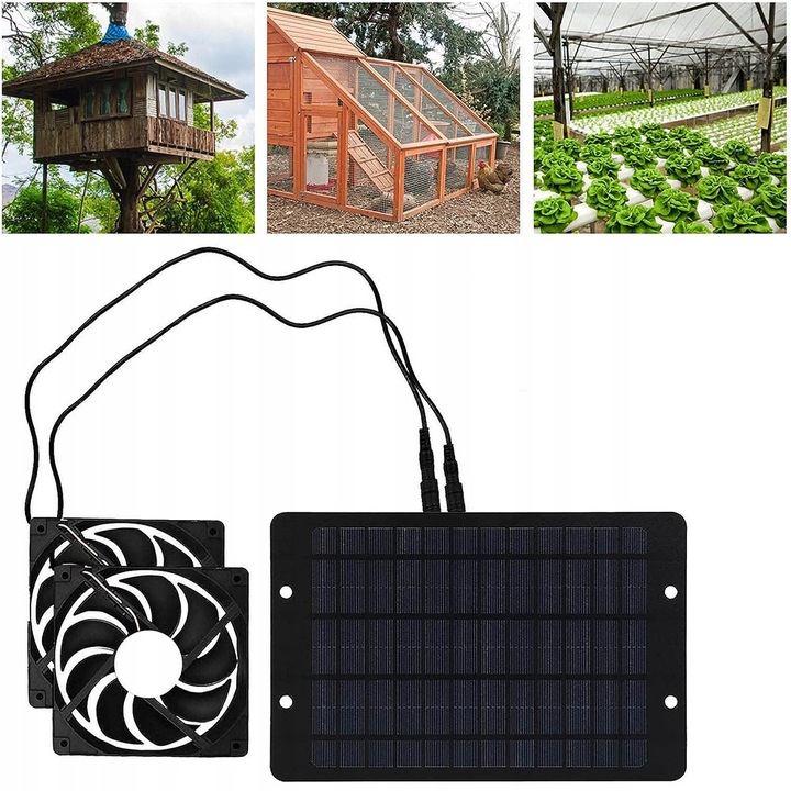 ZEWNĘTRZNY PANEL SOLARNY WENTYLATOR 10W PODWÓJNY WYDECH DO SZKLARNI KURNIKA