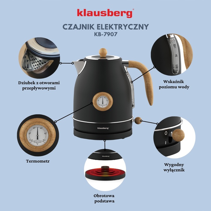 Czajnik elektryczny Klausberg KB-7907 1.7L z termometrem Czarny Retro 2200W