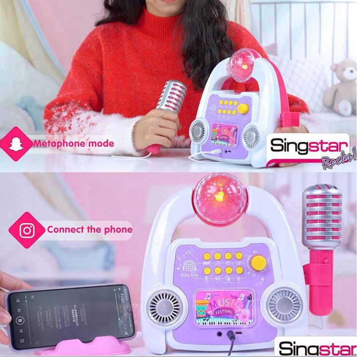 ZESTAW DO KARAOKE DLA DZIECI MIKROFON WZMACNIACZ STATYW ŚWIECĄCA KULA DISCO