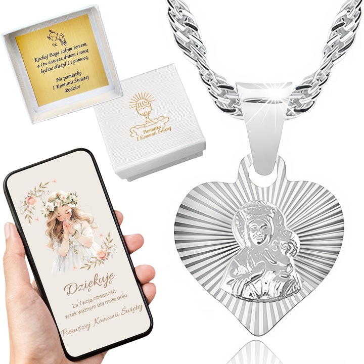 Medalik Komunijny serce Matka Boska Częstochowska z łańcuszkiem 40 cm 925