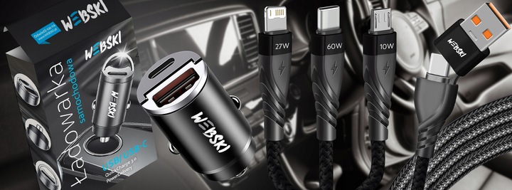 ŁADOWARKA SAMOCHDOWA DO TELEFONU 4xUSB A QC3.0 / USB C 20W KABEL 3W1 60W
