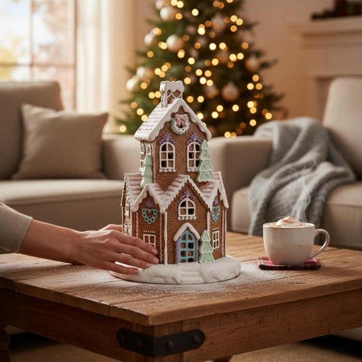 Świąteczny Domek Chatka Gingerbread z PASTELOWY domek LED - 21CM PREZENT