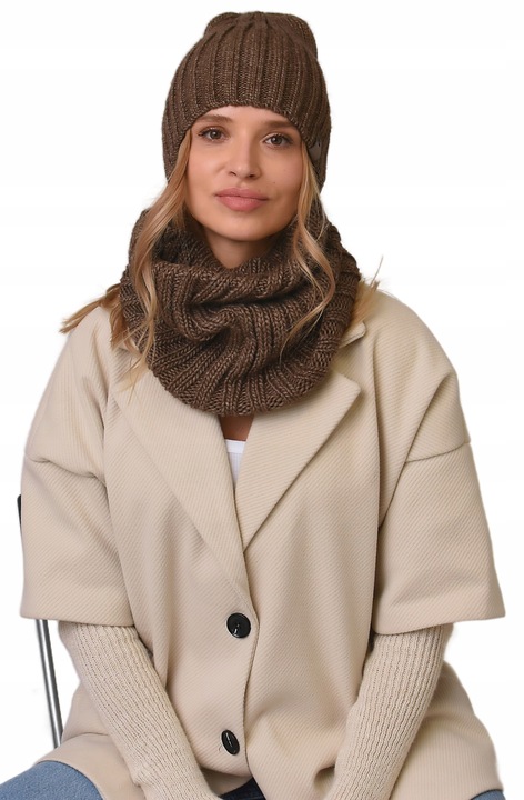 damski Komplet brązowyi zimowy CZAPKA Z KOMINEM ciepły ZESTAW polski Be4
