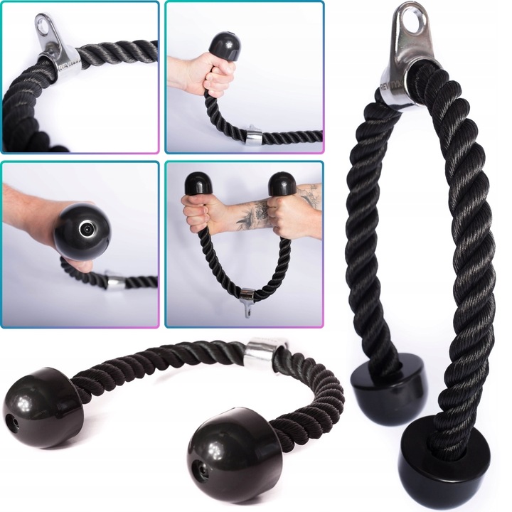 SZNUR UCHWYT DO WYCIĄGU LINA NA TRICEPS MASYWNA I SOLIDNA Z KARABIŃCZYKIEM