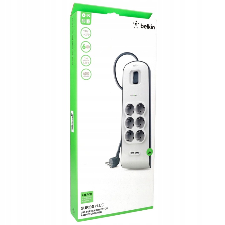 Belkin Listwa antyprzepięciowa do 650J 6x AC Schuko, z kablem 2m BSV604VF2M