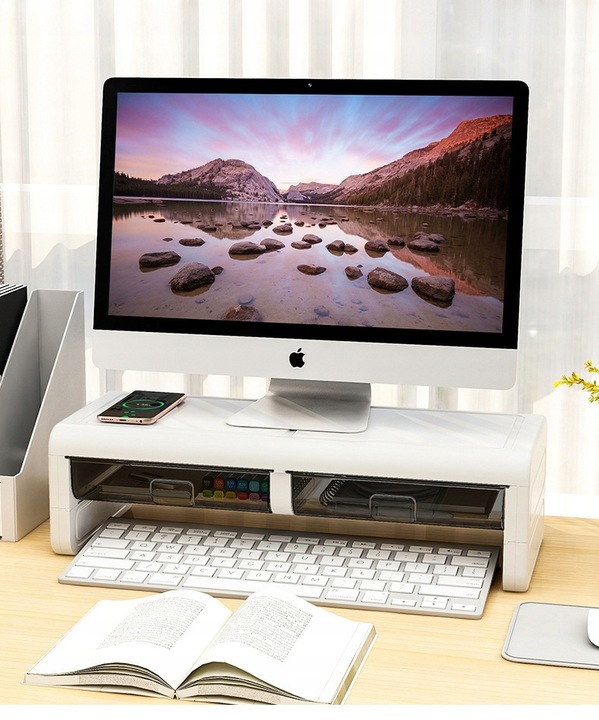 PÓŁKA PODSTAWKA POD MONITOR Z SZUFLADKAMI BIAŁA NADSTAWKA NA BIURKO RK2