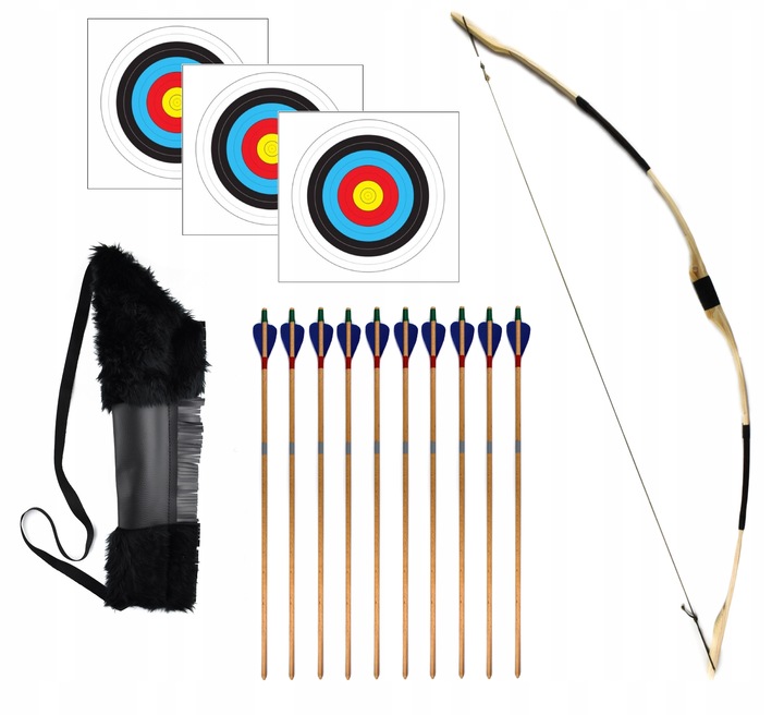 ŁUK DREWNIANY 115cm KOŁCZAN 10 STRZAŁ TARCZE ZESTAW ŁUCZNICZY BRĄZOWY