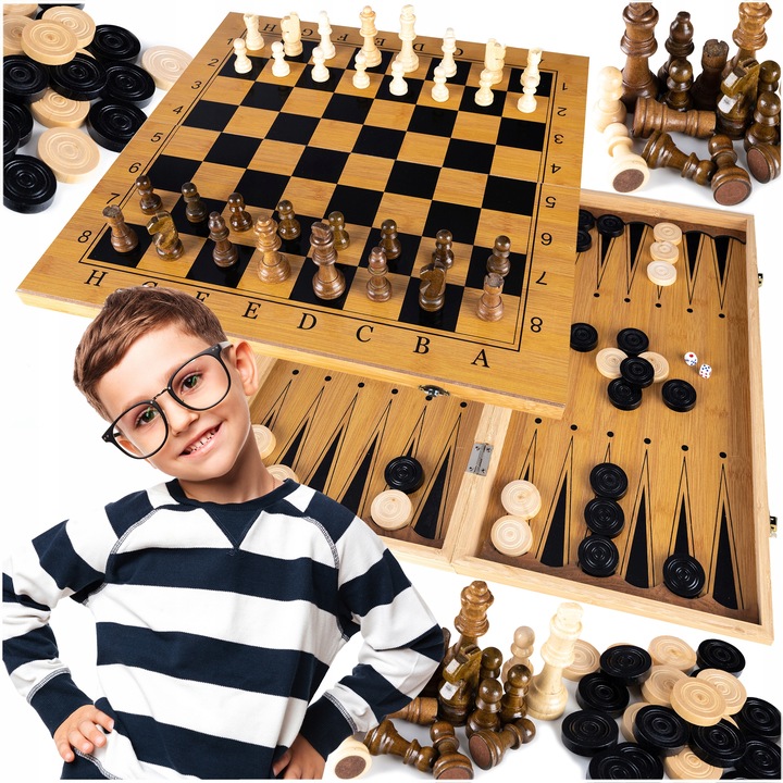 Gra Szachy Warcaby Backgammon 3W1 Drewniane Klasyczne Duże Tryktrak
