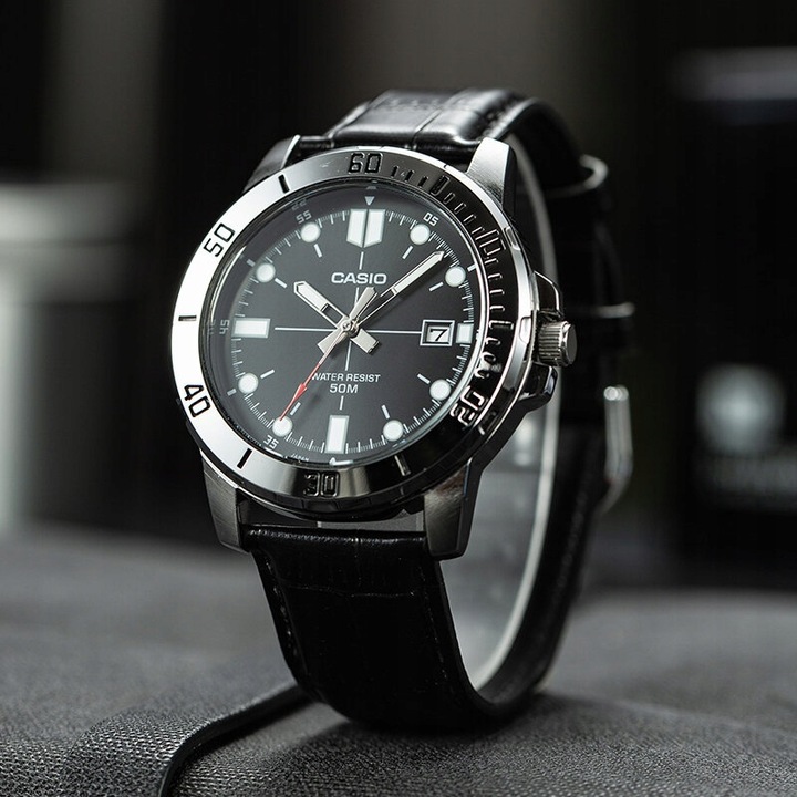 ZEGAREK MĘSKI CASIO MTP-VD01 skórzany datownik czarny + BOX +GRAWER