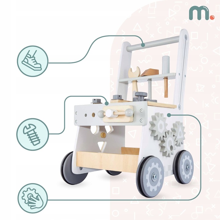 Drewniany Warsztat Dla Dzieci 3w1 Chodzik Pchacz Wózek 47 elementów Solidny