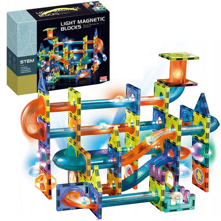 Klocki Magnetyczne Świecące Tor Kulkowy 110 Elementów Kulodrom