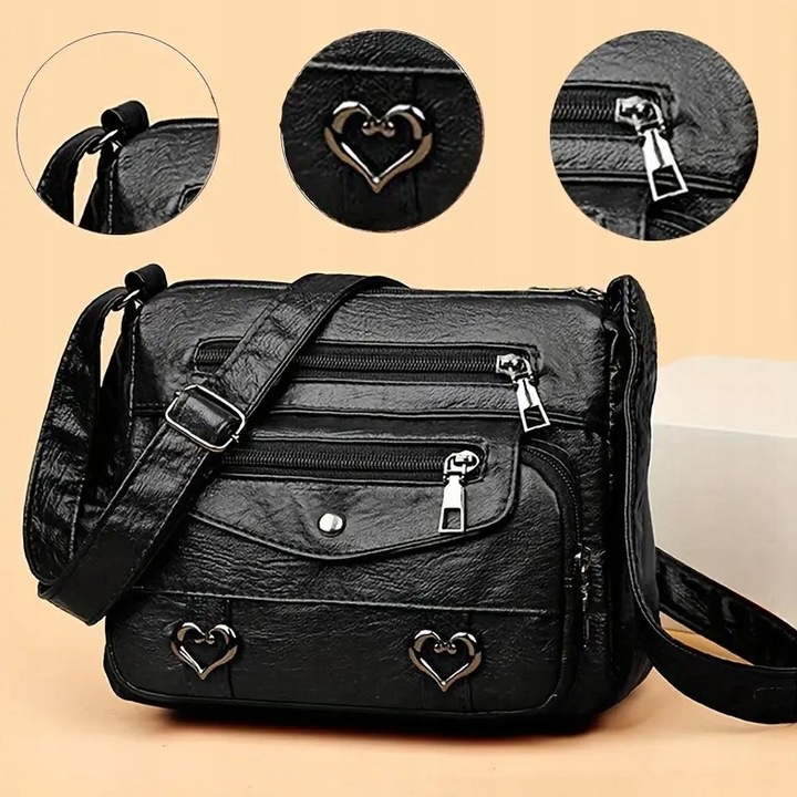 Torebka Damska MAŁA CZARNA na Ramię W serca Pojemna Kuferek Dużo Kieszonek