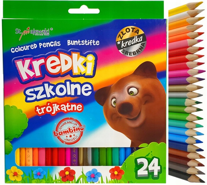 Kredki Trójkątne Szkolne Ołówkowe 24 kol. Złota Srebrna Bambino