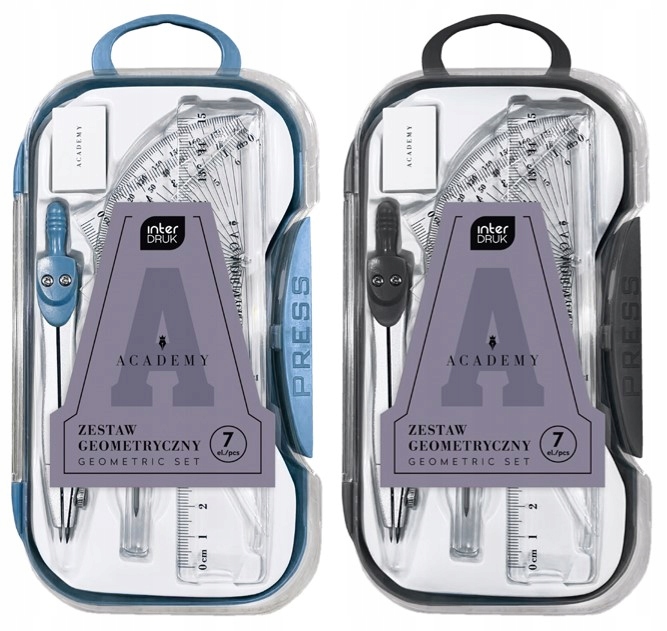 Zestaw Geometryczny 7 elementów CYRKIEL, LINIJKA, EKIERKI, RYSIKI Interdruk