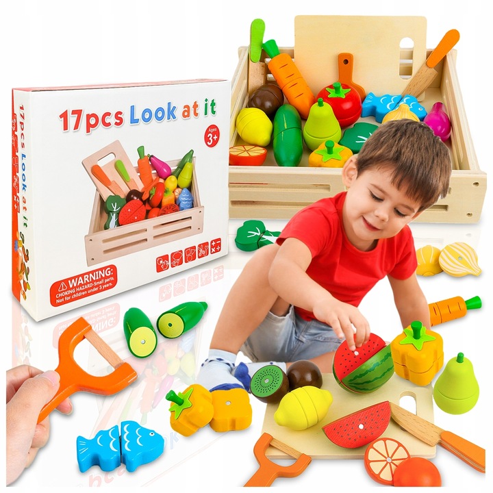 DREWNIANE WARZYWA I OWOCE DO KROJENIA W SKRZYNCE NA MAGNES DLA DZIECI XXL