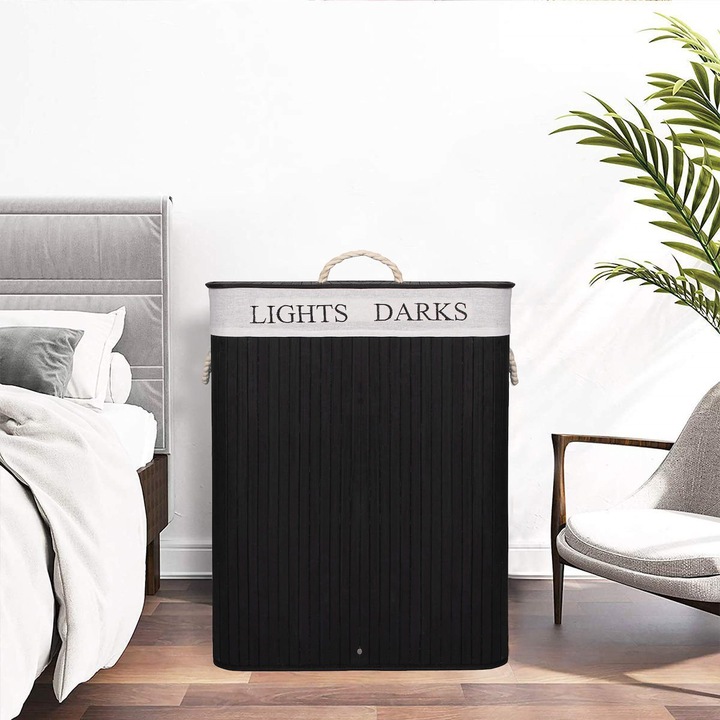 KOSZ BAMBUSOWY NA PRANIE BIELIZNĘ DWUKOMOROWY Z POKRYWĄ POJEMNIK DUŻY 100L