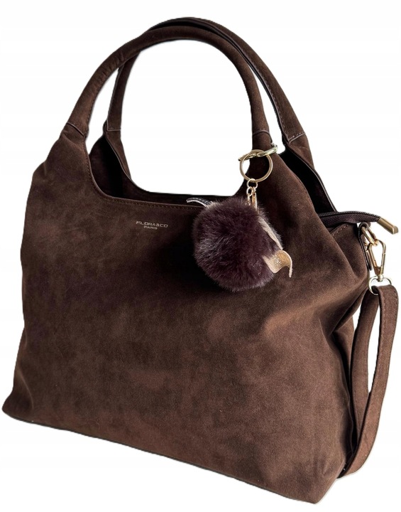 Torebka Flora&Co czekoladowa SHOPPER eco zamsz z brelokiem pompon