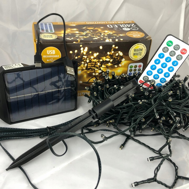 Lampki choinkowe 2w1 SOLARNE + AKUMULATOR 240 LED ciepłe 13 programów 11m