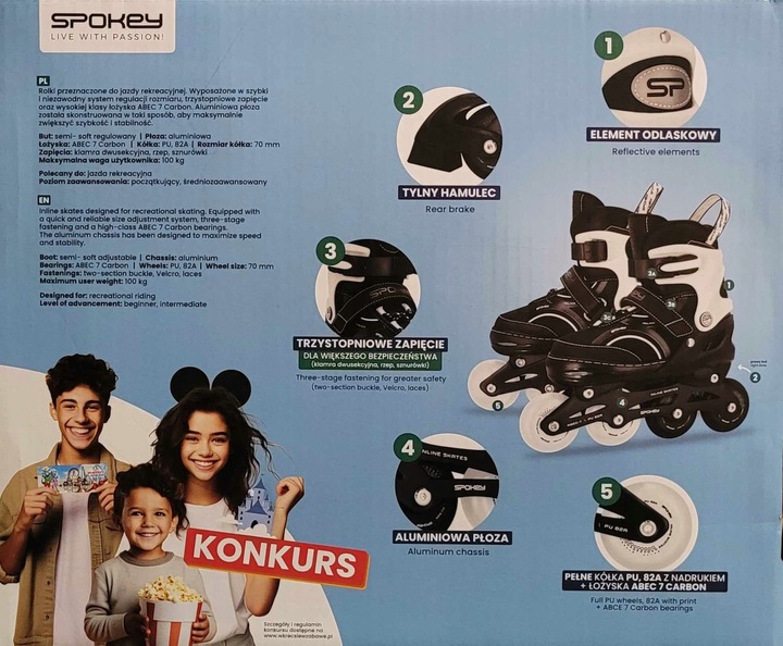 Spokey ROLKI Regulowane 38-41 łożyska carbon ABEC 7 aluminio płoza odblaski