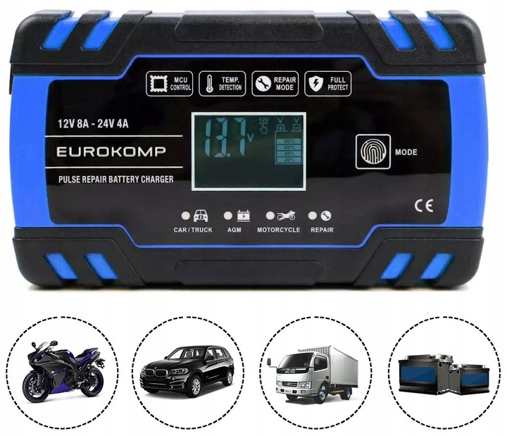 PROSTOWNIK ŁADOWARKA DO AKUMULATORA LCD 12V 24V 8A FUNKCJA NAPRAWY AKU.