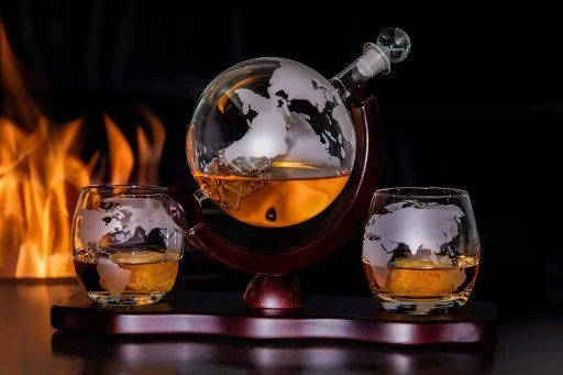 KARAFKA + SZKLANKI DO WHISKY STATEK GLOBUS GRAWER
