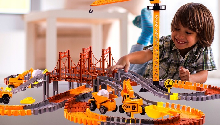 KOLEJKA TOR SAMOCHODOWY ELASTYCZNY 273 ELEMENTY AUTA DŹWIG DLA DZIECI