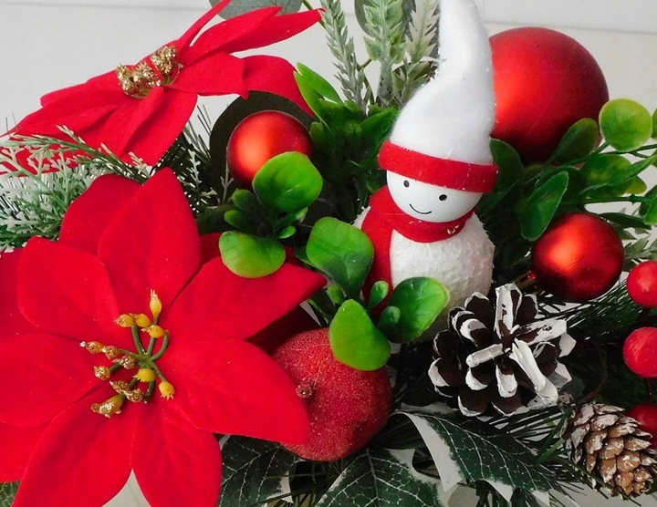 Stroik świąteczny na grób, poinsecja, bałwanek, czerwony