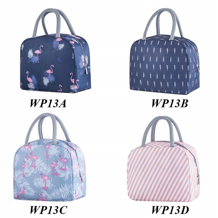 Torebka Termiczna LUNCH BOX Izolowana Na Jedzenie Błękitna Różowe Flamingi
