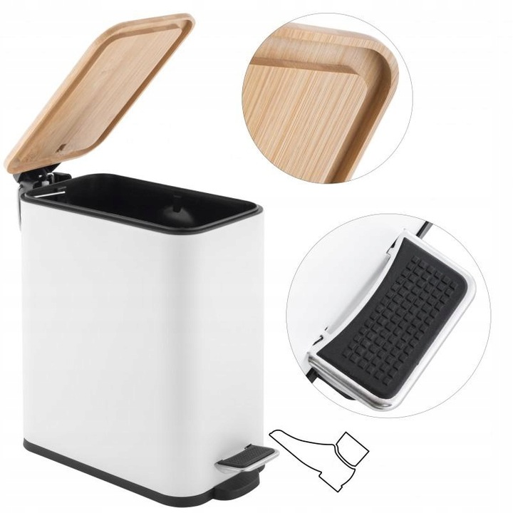 Kosz na śmieci łazienkowy 5l bambus WOLNY OPAD do wc łazienki kuchni biały