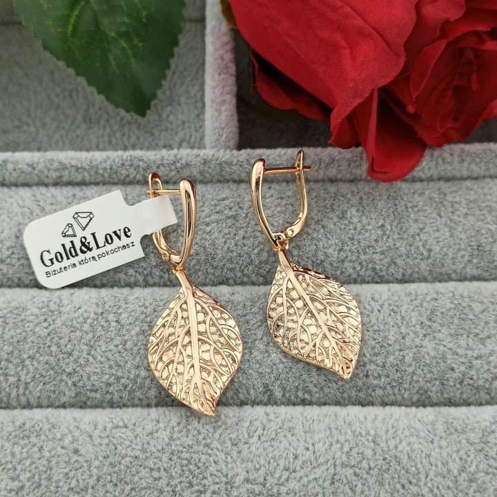 Złote kolczyki wiszące liście eleganckie pozłacane antyalergiczne