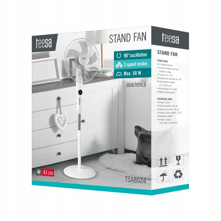 WENTYLATOR STOJĄCY BIAŁY STEROWANY PILOTEM 130CM 50W OSCYLACJA 3 TRYBY