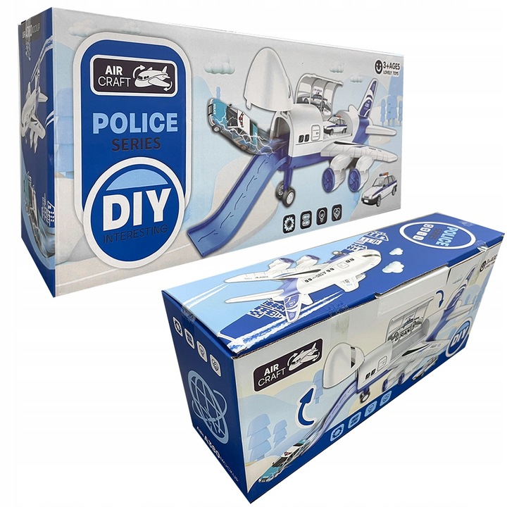 SAMOLOT Z 18 SAMOCHODAMI dla dzieci zabawki o tematyce policyjnej