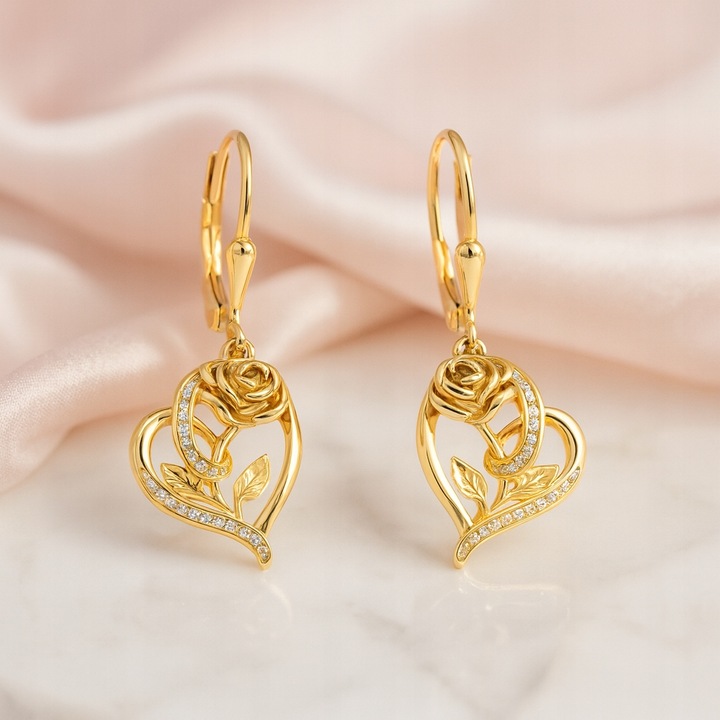 Złote Kolczyki 925 Wiszące Serca Róże Serce Wieczna Róża