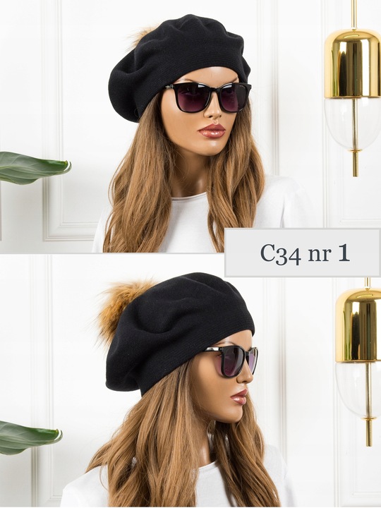 BERET Z POMPONEM CIEPŁY ZIMOWY z WEŁNĄ CZAPKA DAMSKA JAKOŚĆ PREMIUM