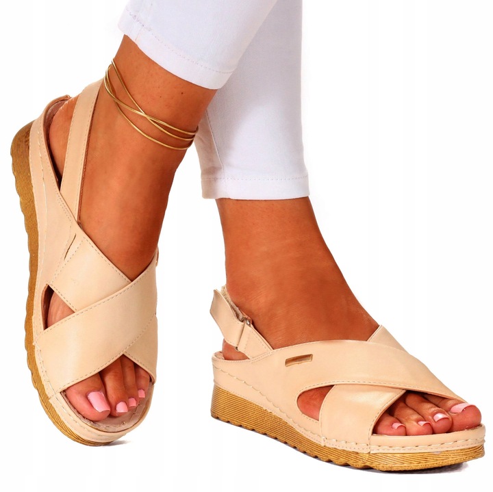 SANDAŁY DAMSKIE SKÓRA PROFILOWANE SZYTE RZEP