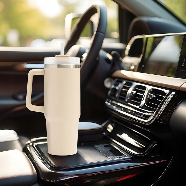 KUBEK TERMICZNY z Uchwytem i Słomką SZCZELNY 900 ml do AUTA STAL Nierdzewna